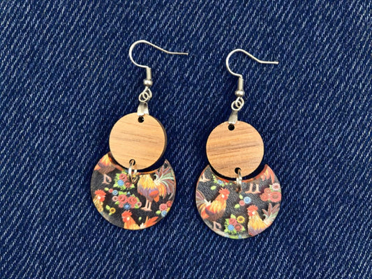 Floral Rooster Wood and Acrylic Dangle Stainless Steel Earrings