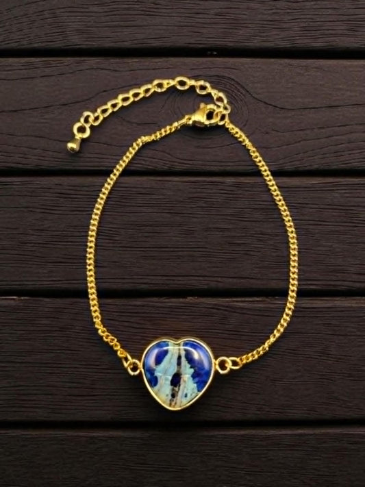 Heart-Shaped Jasper Natural Stone on Gold Plated Stainless Steel Cable Chain Bracelet
