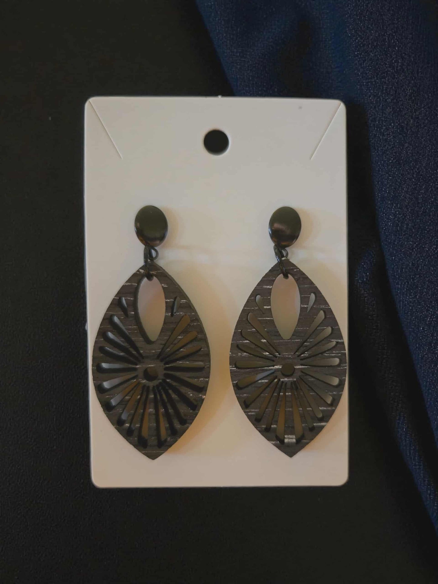 Black Wooden Dangle Earrings with Black Stainless Steel Post