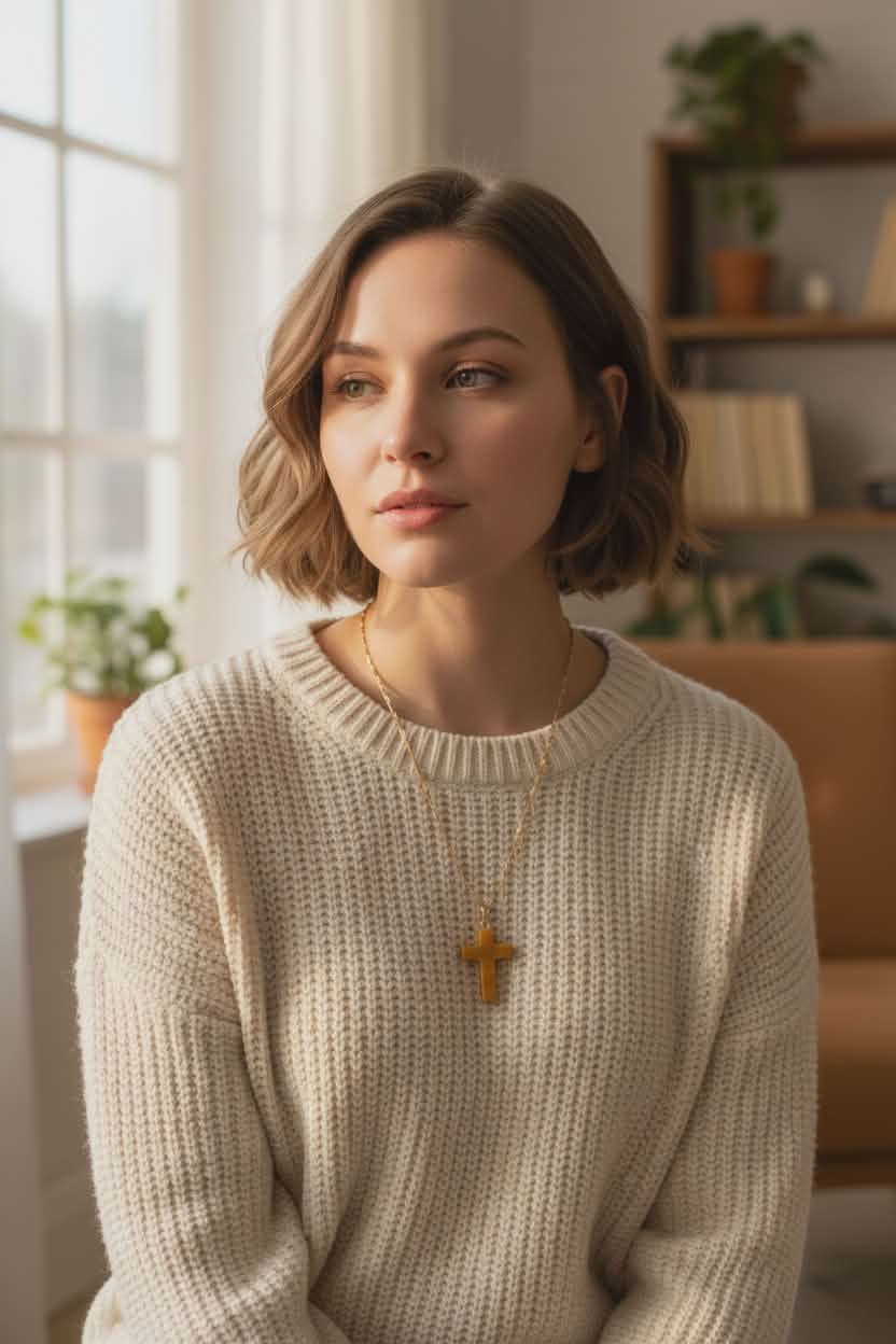 Tan Natural Stone Cross on a Stainless Steel Singapore Chain Necklace