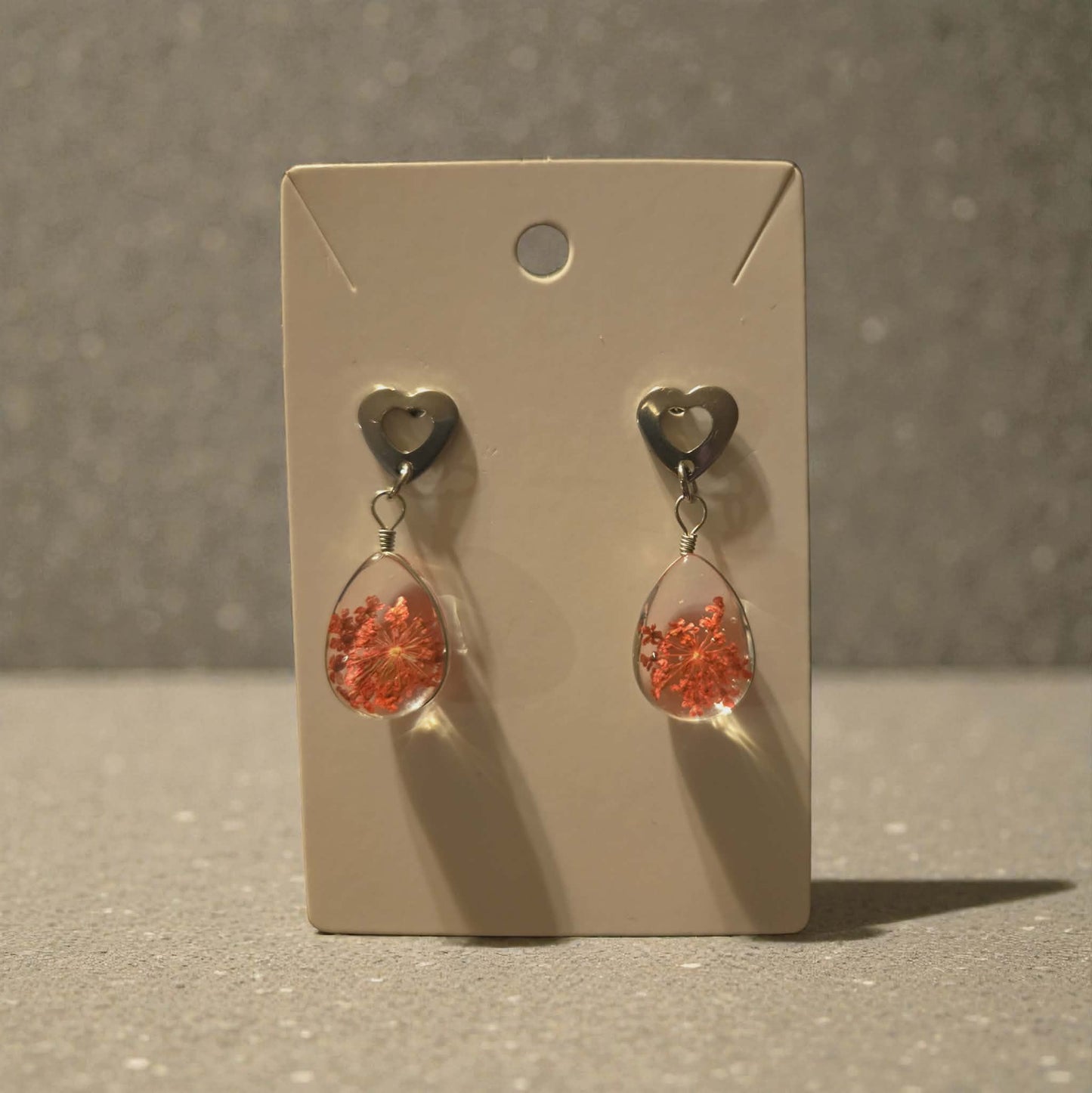Glass and Orange Dried Flower and Silver Heart Dangle Earrings