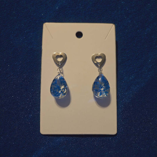 Glass and Blue Dried Flower and Silver Heart Dangle Earrings
