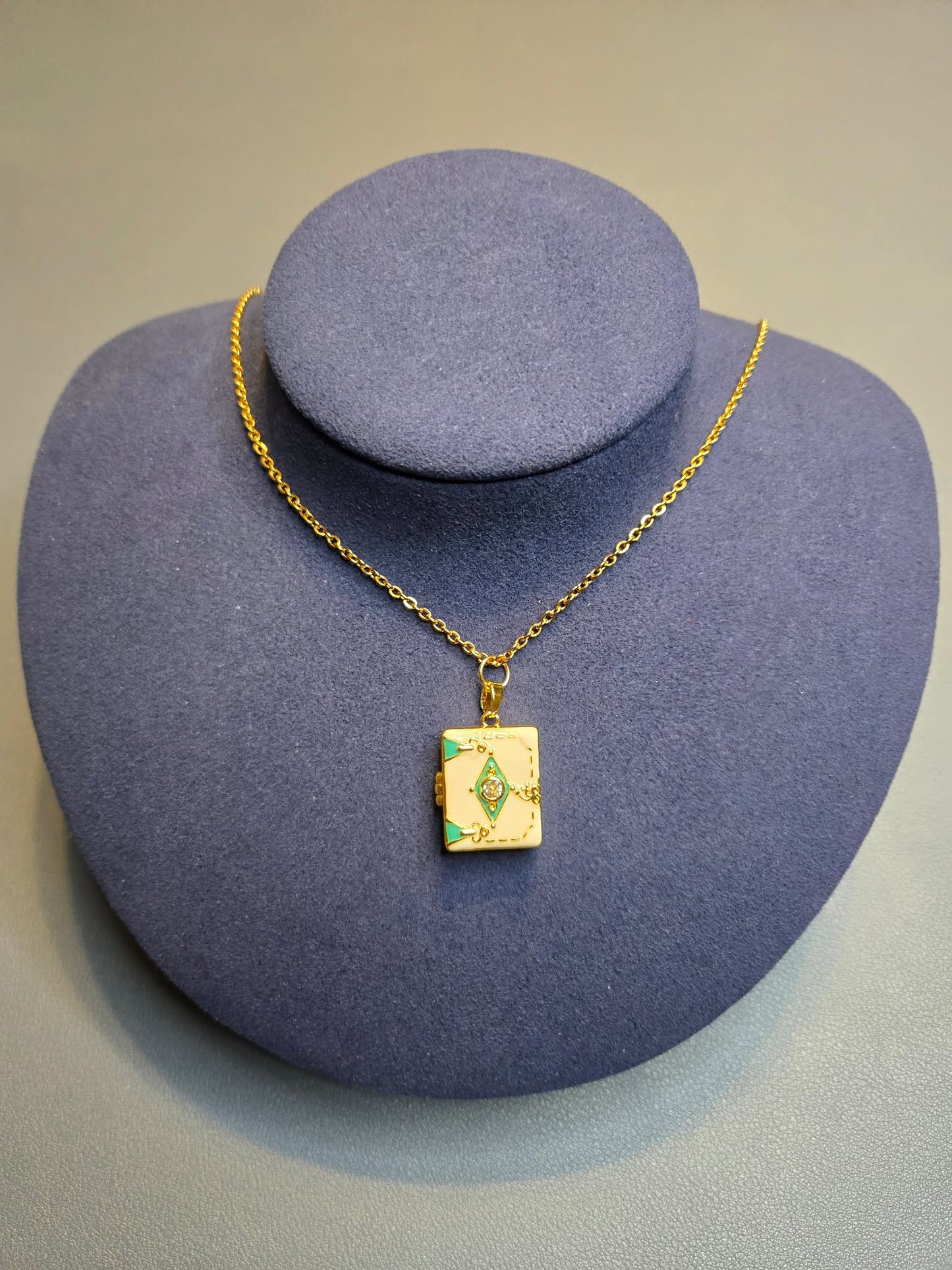 Teal and Golden Book Locket Necklace