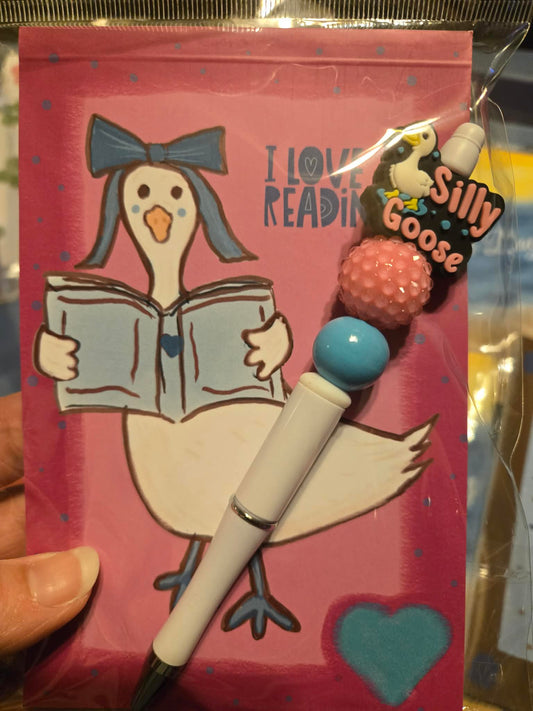 Hand Drawn "I Love Reading" Goose Notepad with Cover with Coordinating Pen