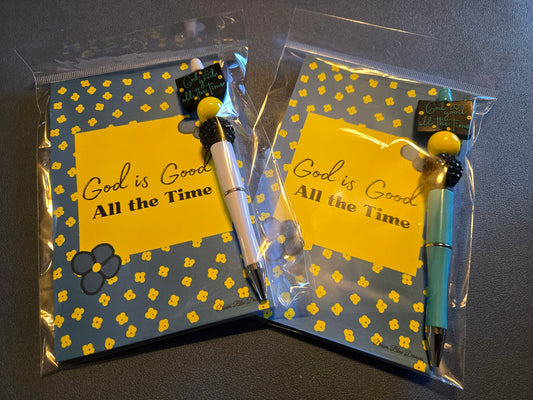 Hand Drawn "God is Good All the Time" Notepad with Cover and Coordinating Pen
