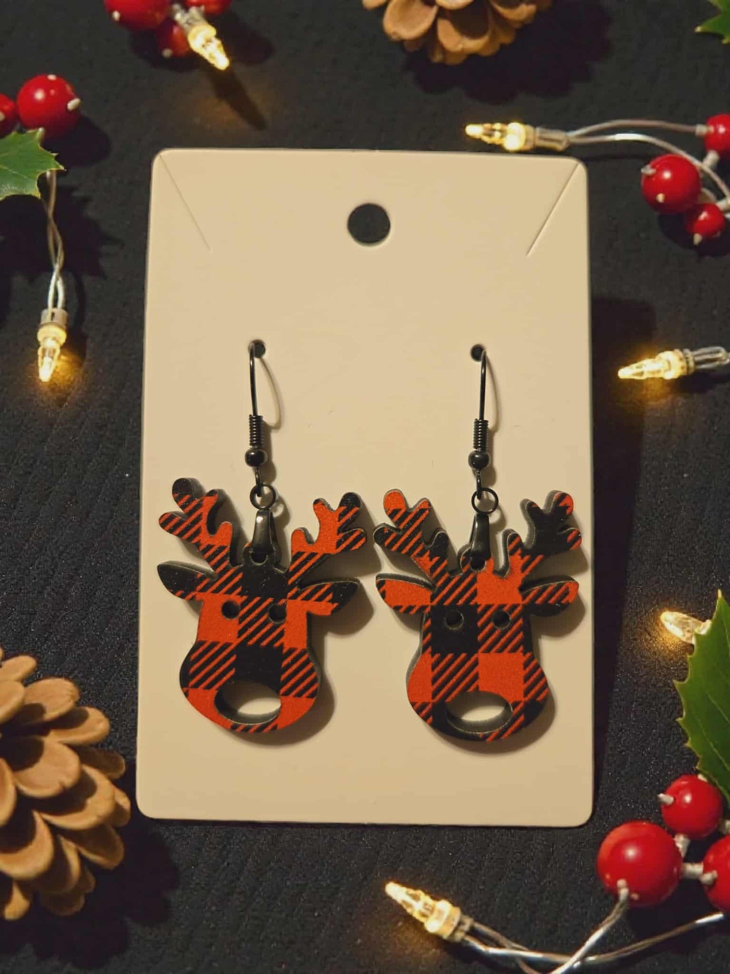 Plaid Reindeer Dangle Earrings