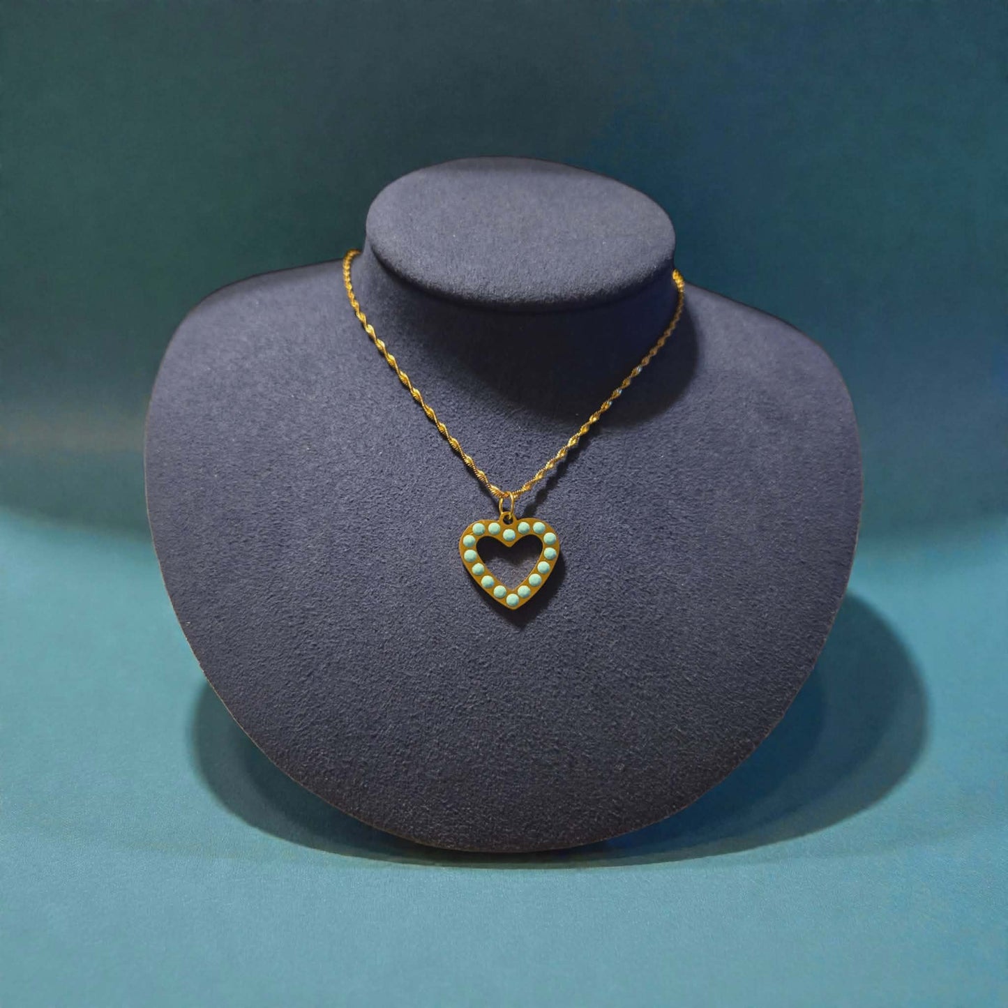 Turquoise Dotted Heart Pendant on 18K Gold PVD Stainless Steel Singapore Chain Necklace
