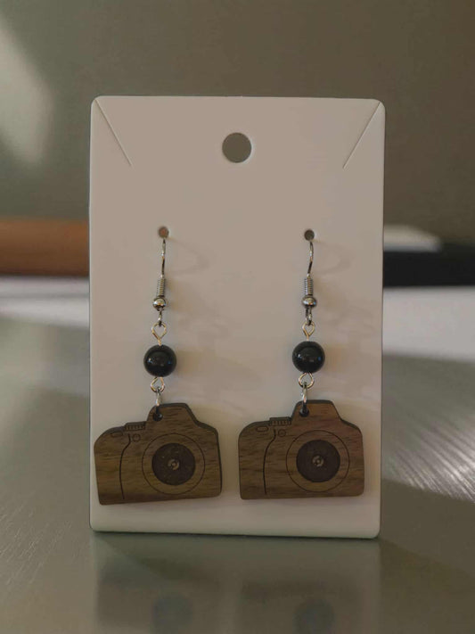 Wooden Camera Dangle Earrings