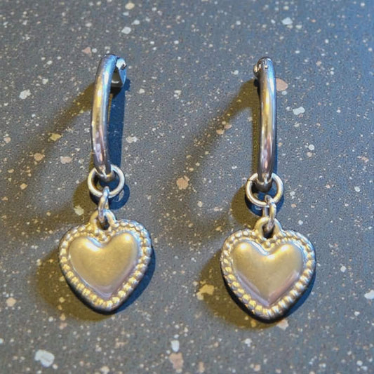 Silver Heart Pendant Hoop Earrings