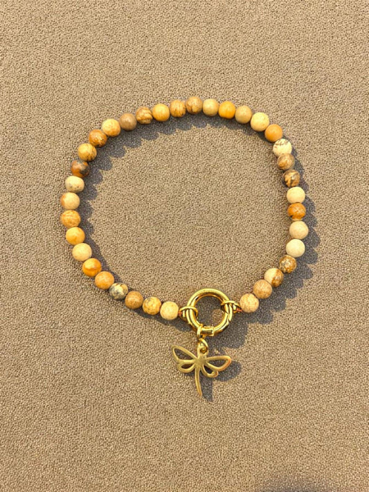 Natural Picture Jasper Beaded Charmer Keeper Bracelet with Dragonfly Charm - 18K Gold PVD Stainless Steel