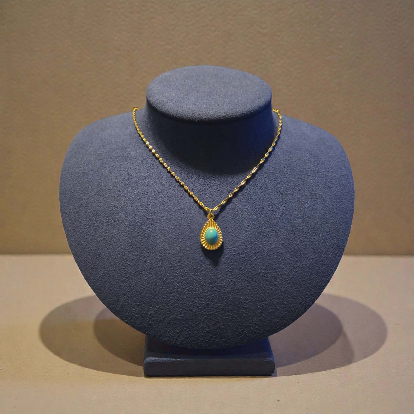 Turquoise Tear Drop Charm on 18K Gold PVD Stainless Steel Singapore Chain Necklace