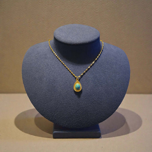 Turquoise Tear Drop Charm on 18K Gold PVD Stainless Steel Singapore Chain Necklace