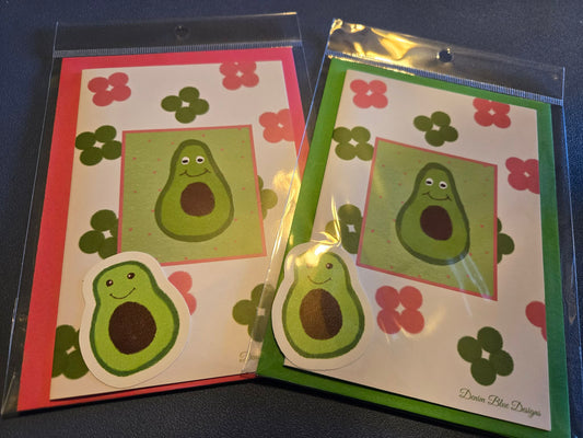Hand Drawn Avocado Note Card with Coordinating Sticker