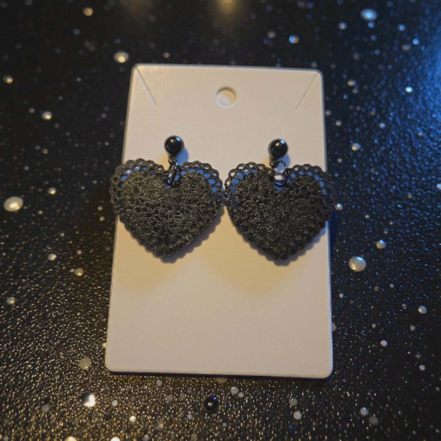 Black Wooden Lace Doily Dangle Heart Earrings