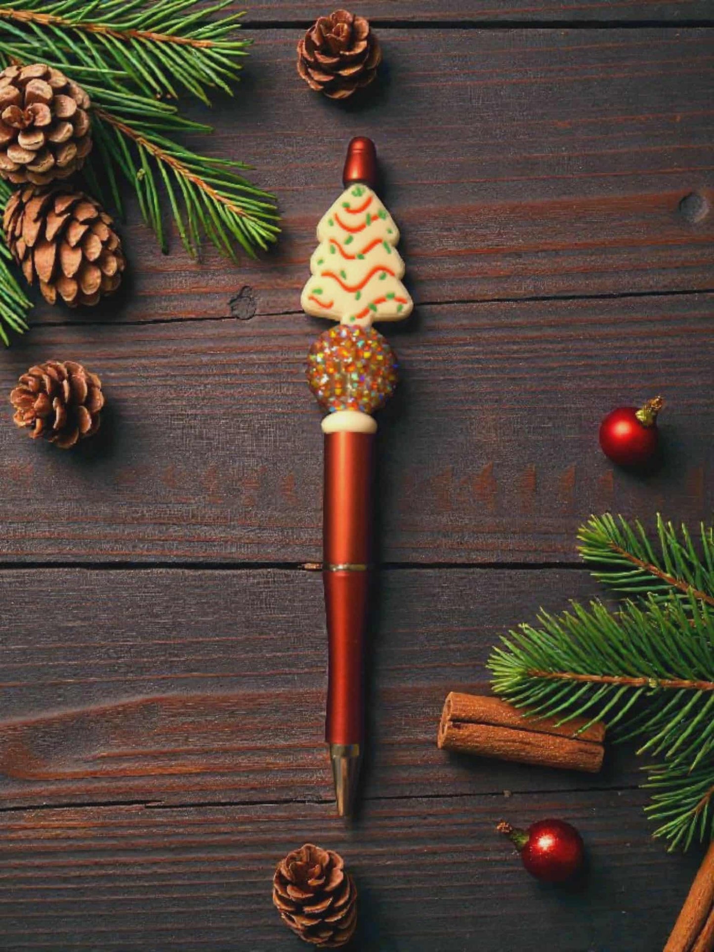 Red Christmas Tree Cake Beaded Pen (Accent Bead Color and Type Will Vary)