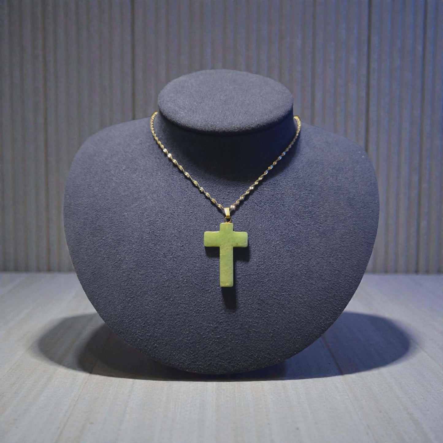 Aqua Natural Stone Cross on a Stainless Steel Singapore Chain Necklace