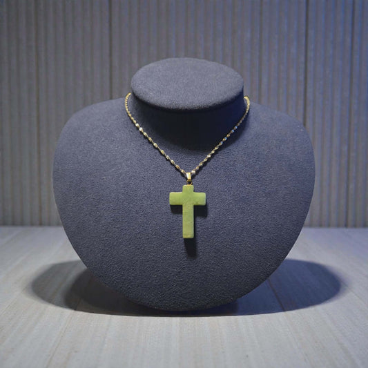 Aqua Natural Stone Cross on a Stainless Steel Singapore Chain Necklace