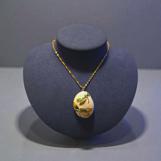 Gold Plated Green Enameled Dragonfly Pendant on a 18K Gold PVD Stainless Steel Singapore Chain Necklace
