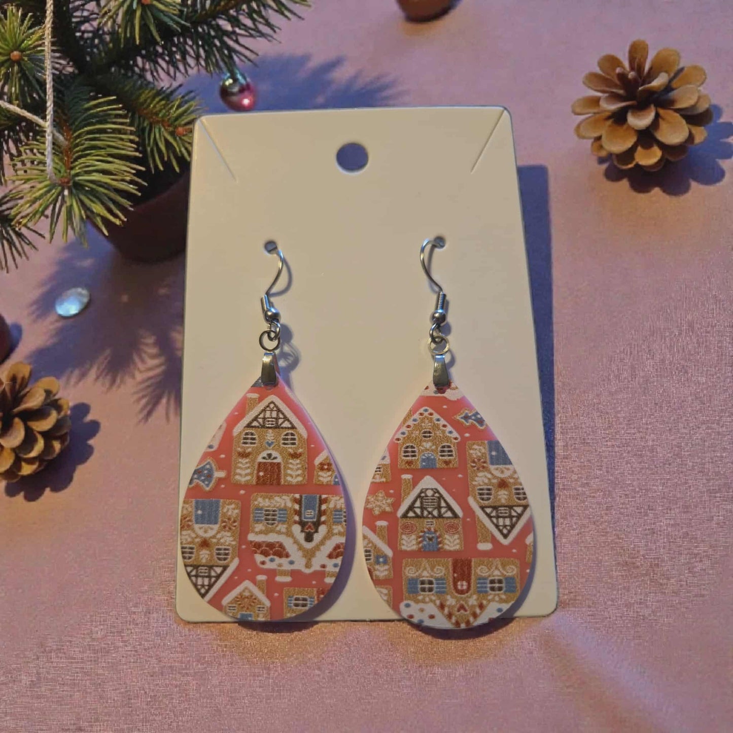 Pink Gingerbread House Dangle Earrings