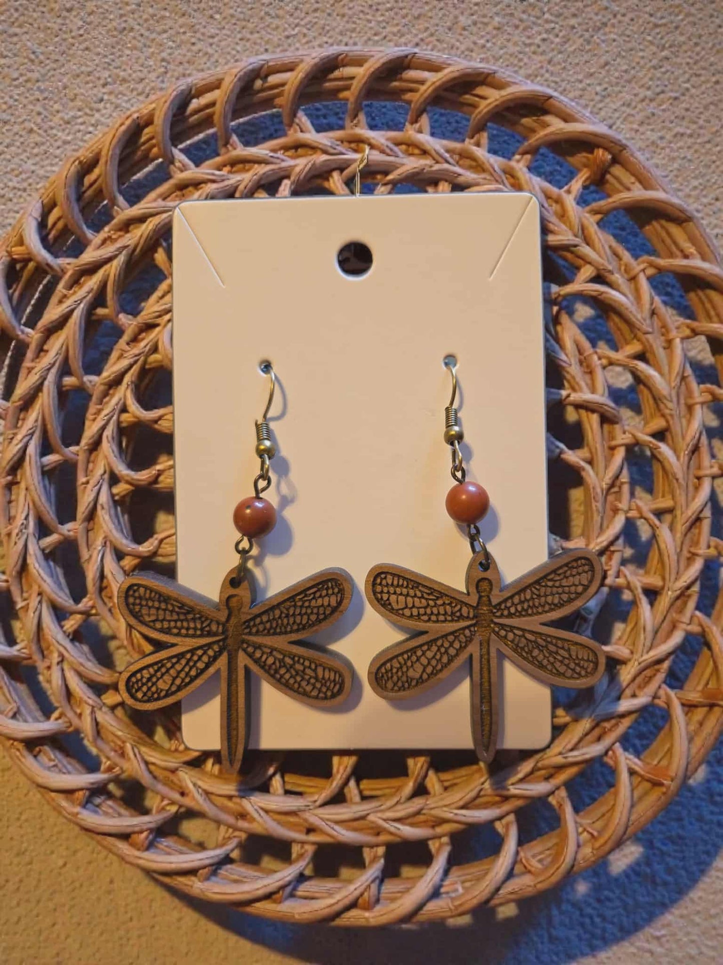 Wooden Dragonfly with Natural Stone Accent Bead Dangle Earrings (Natural Stone Color Will Vary)