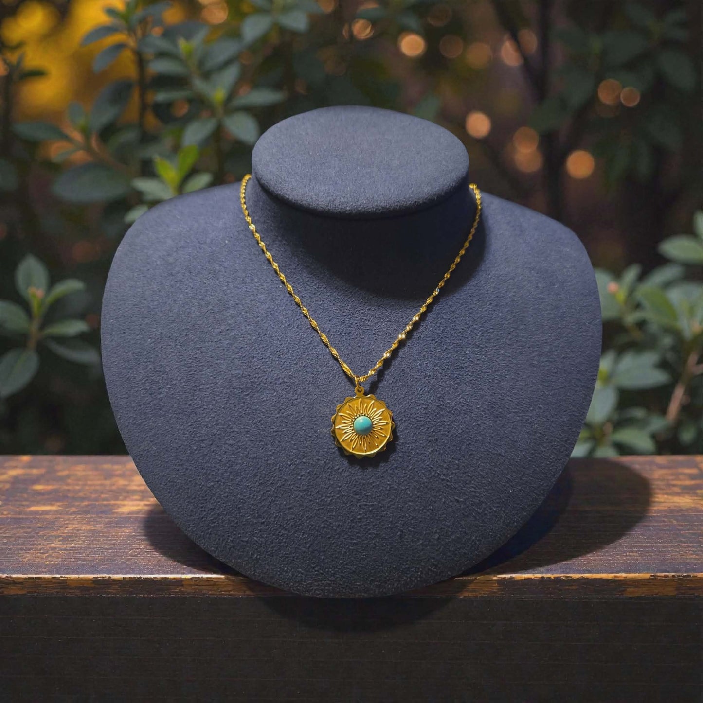 18K Gold PVD Stainless Steel Flower Pendent with a Turquoise Stone Center on a Singapore Chain