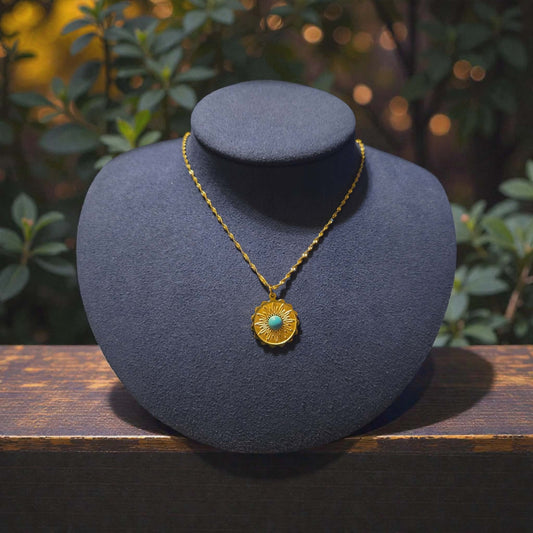 18K Gold PVD Stainless Steel Flower Pendent with a Turquoise Stone Center on a Singapore Chain