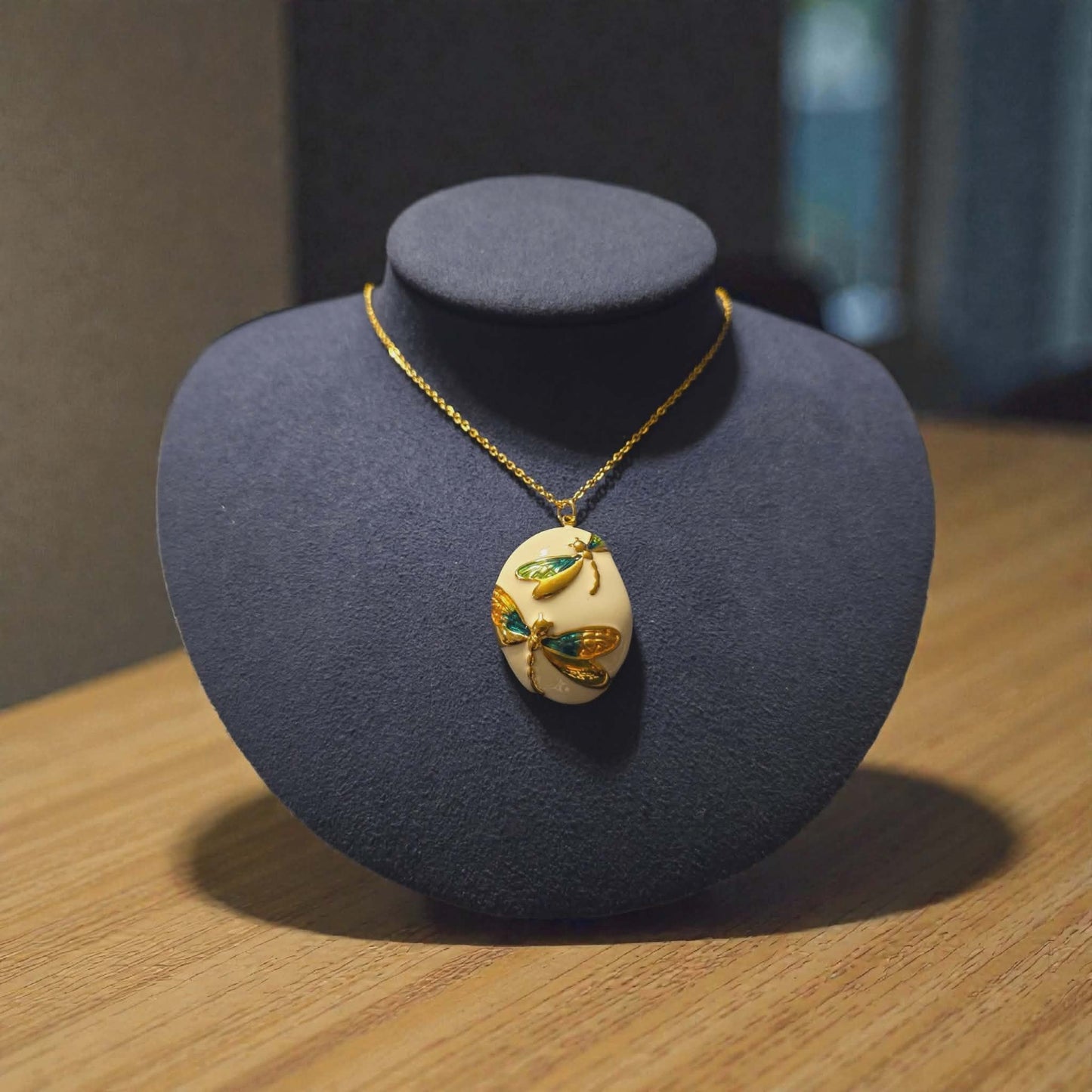 Gold Plated Green Enameled Dragonfly Pendant on 18K Gold PVD Stainless Steel Cable Chain Necklace - 18"