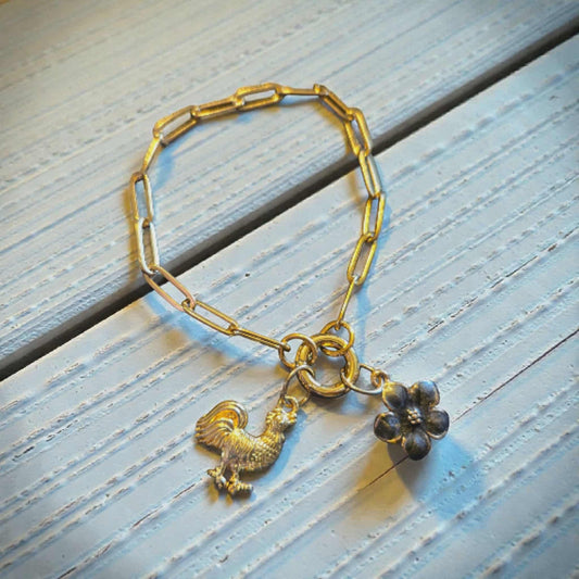 Floral Rooster Paperclip Charm Keeper Bracelet- 18K Gold PVD Stainless Steel Chain with 18k Gold Plated Alloy Rooster Charm and Alloy Flower Charm (Lead and Nickle Free)