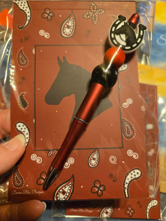 Hand Drawn Horse Silhouette Red Bandana Notepad with Cover with Coordinating Pen