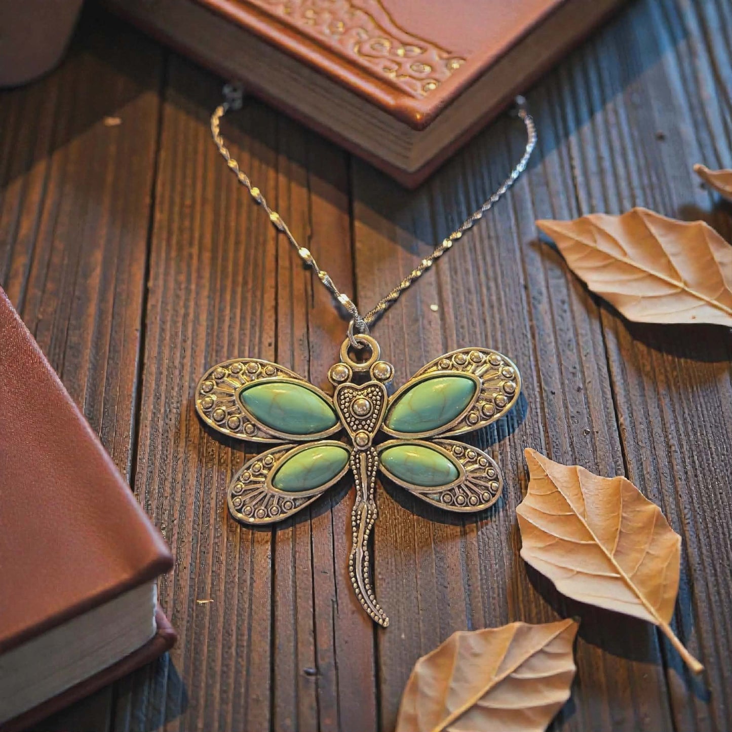 Large Turquoise Dragonfly Pendant on Stainless Steel Singapore Chain Necklace