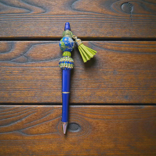 Around the World Blue Globe Beaded Pen with Tassel