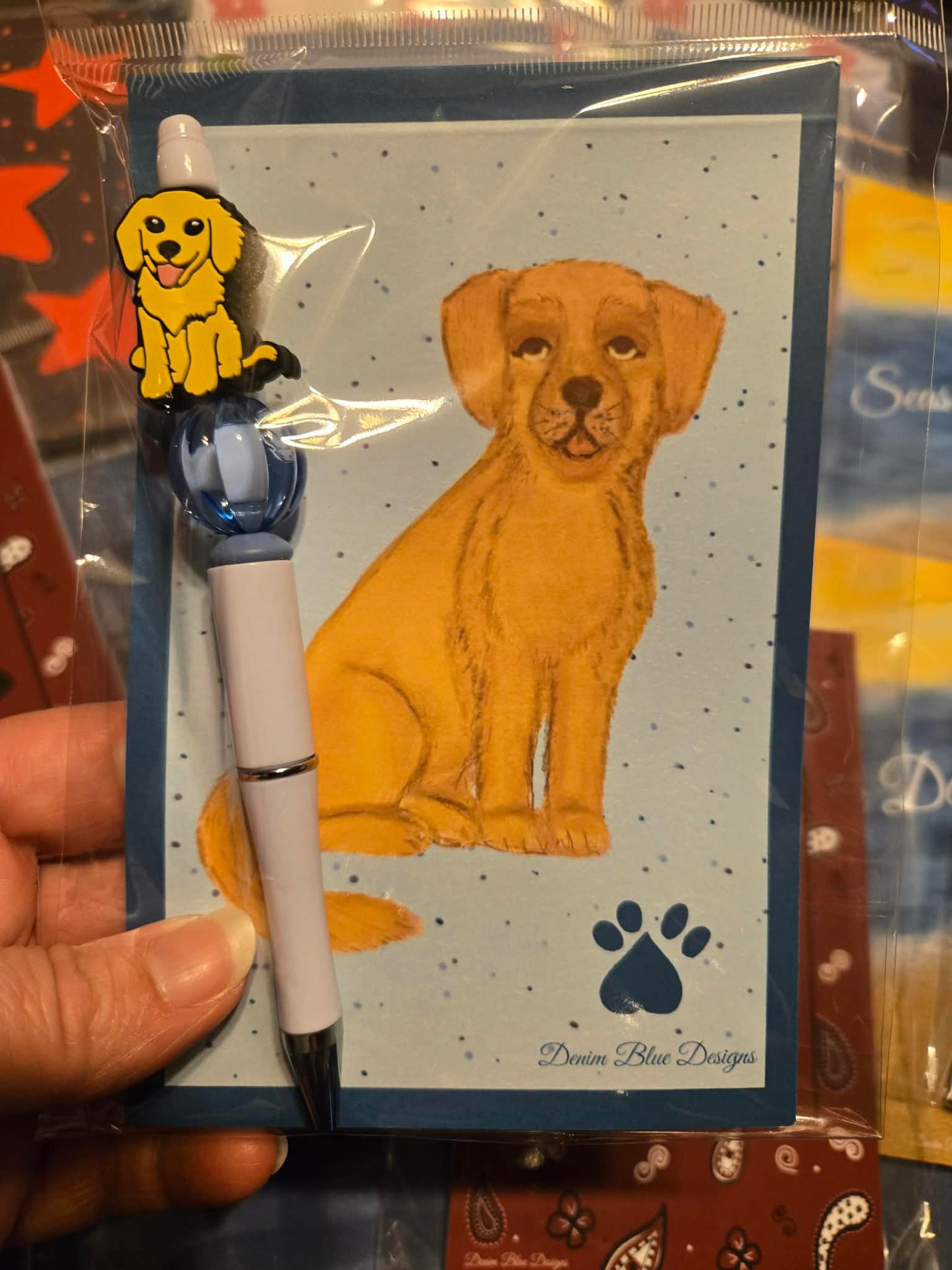 Hand Drawn Golden Retriever Notepad with Cover with Coordinating Pen (Pen Color and Beads Will Vary)