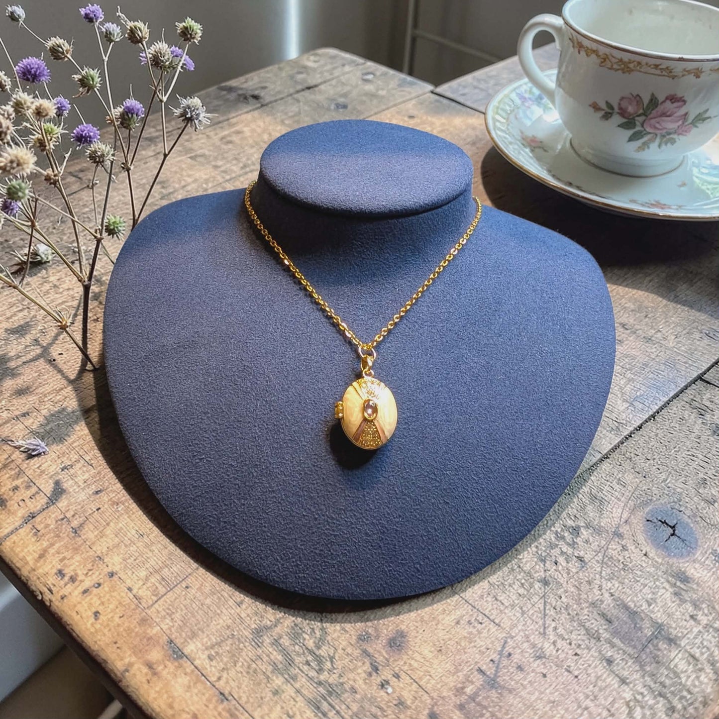 Pink and Gold Oval Locket Necklace