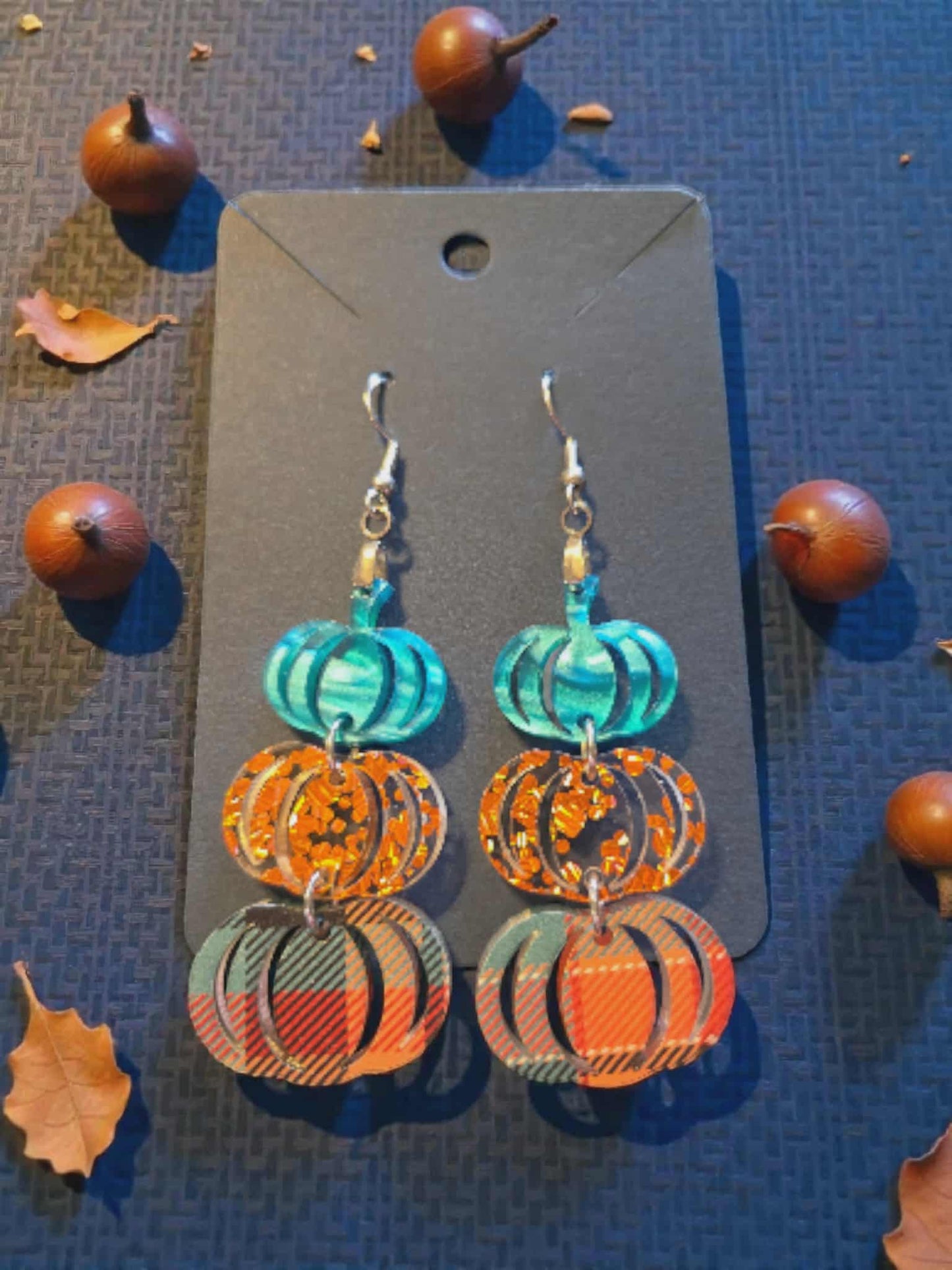 Teal Plaid Stacked Pumpkin Dangle Earrings
