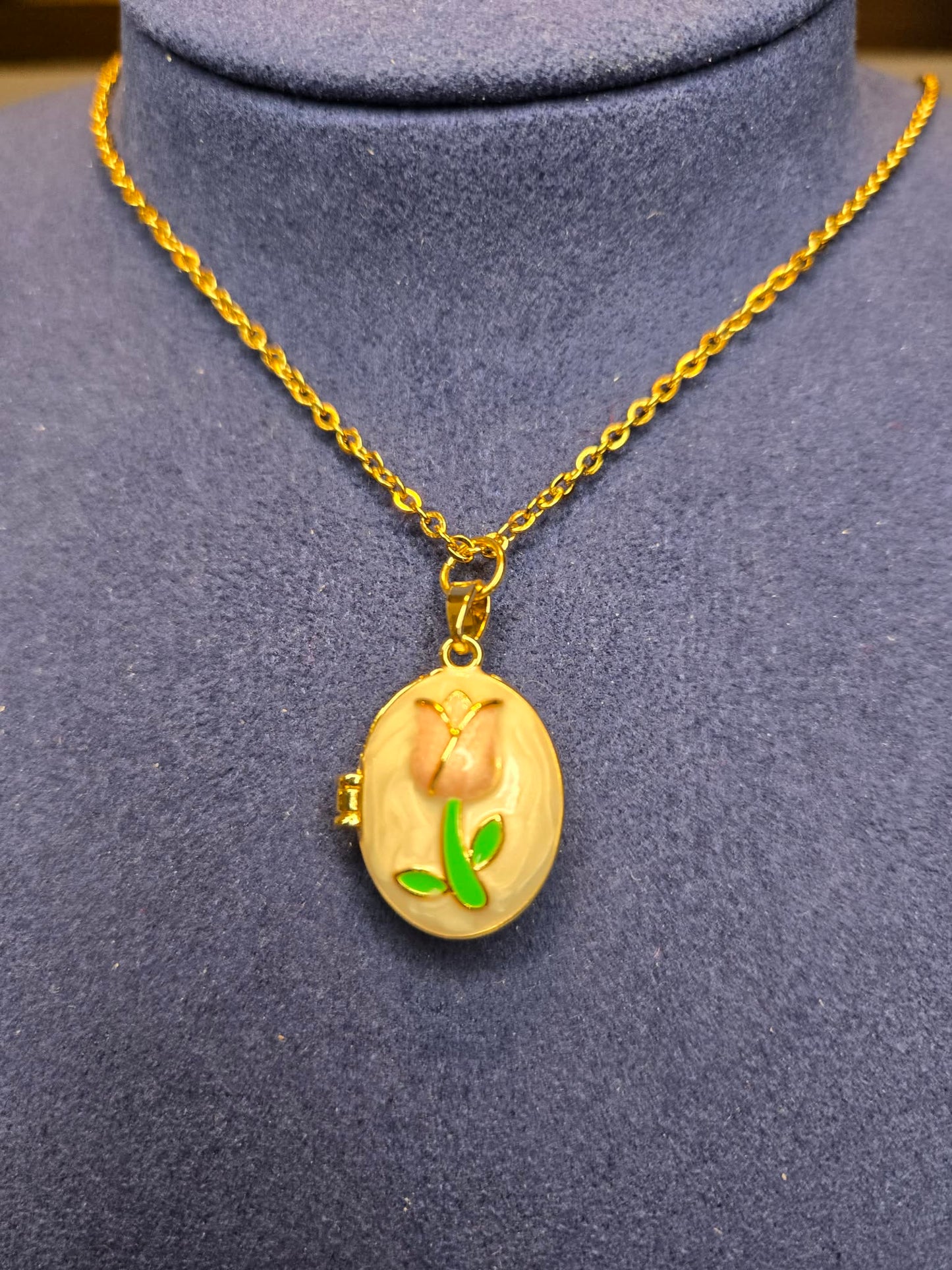 Pink and Golden Tulip Oval Locket Necklace