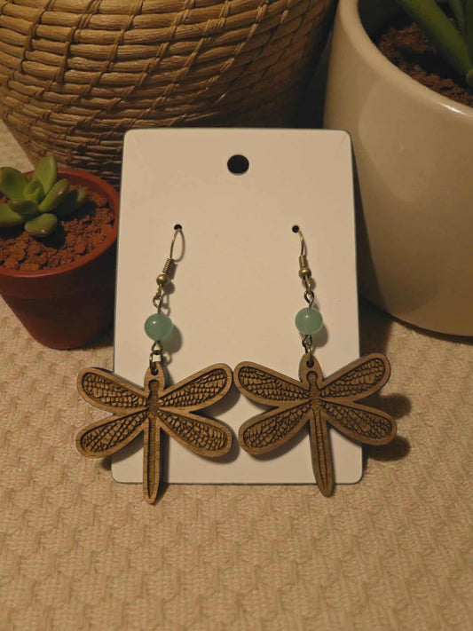 Wooden Dragonfly with Natural Stone Accent Bead Dangle Earrings (Natural Stone Color with Vary)