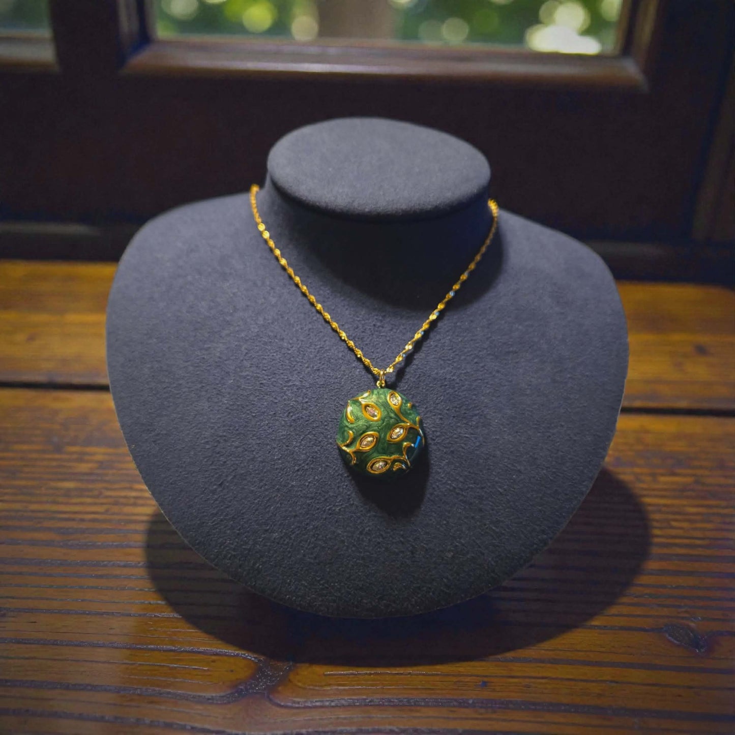 Green Floral 18K Gold Plated Stainless Steel Pendant Necklace