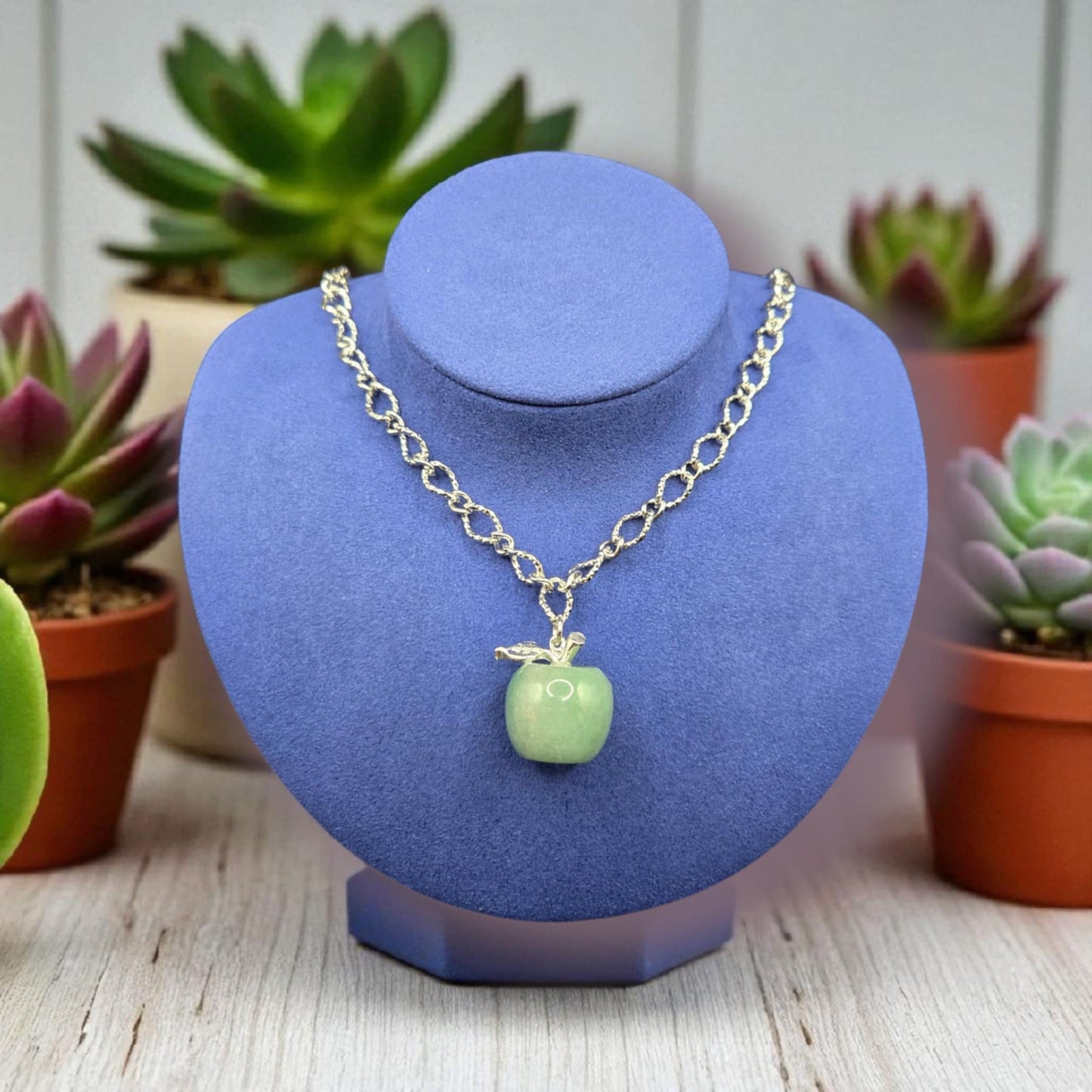 An Apple a Day - Crystal Fluorite Stainless Steel Hammered Oval Chain Necklace