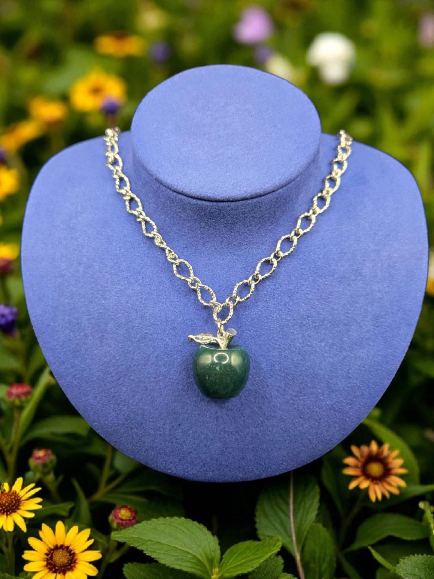An Apple a Day - Crystal Fluorite Stainless Steel Hammered Oval Chain Necklace