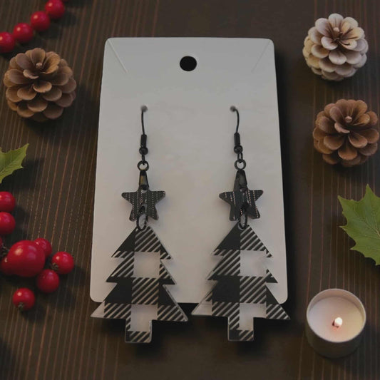 Black Plaid Christmas Tree Dangle Earrings