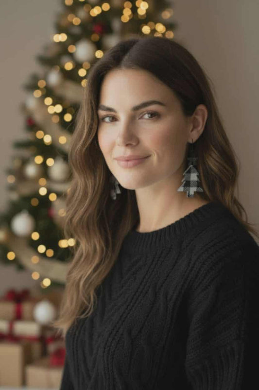 Black Plaid Christmas Tree Dangle Earrings