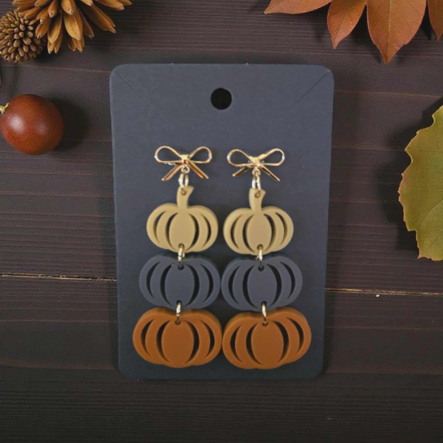 Blue Stacked Pumpkin Dangle Earrings with Stainless Steel Bows