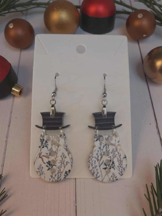 Blue Floral Snowman Dangle Earrings