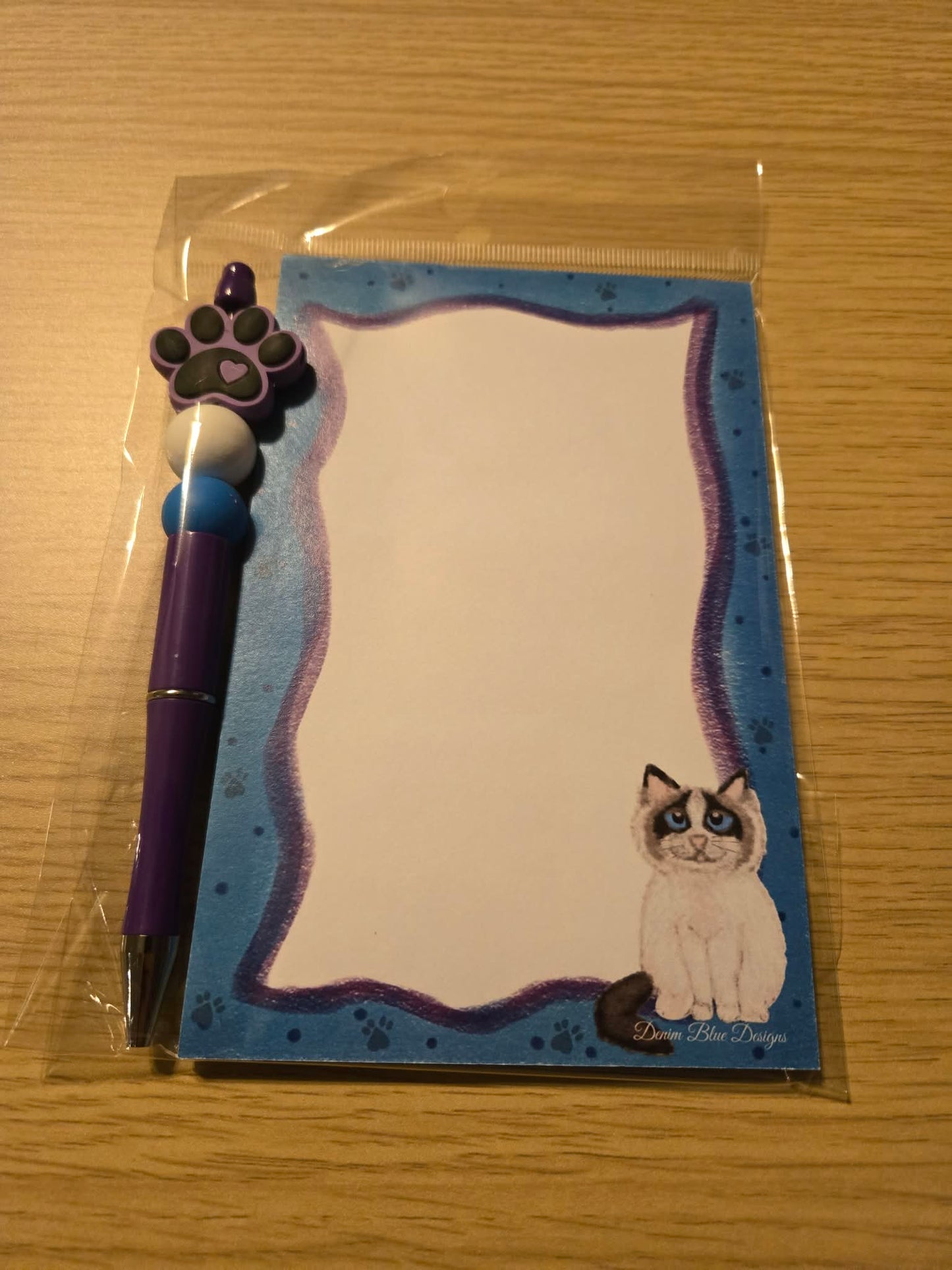 Hand Drawn Ragdoll Cat Tear-Off Notepad with Coordinating Pen (Focal and Beads with Vary)