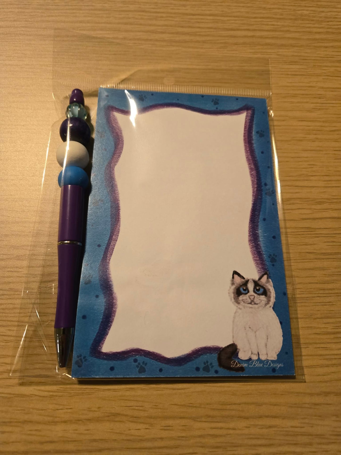 Hand Drawn Ragdoll Cat Tear-Off Notepad with Coordinating Pen (Focal and Beads with Vary)