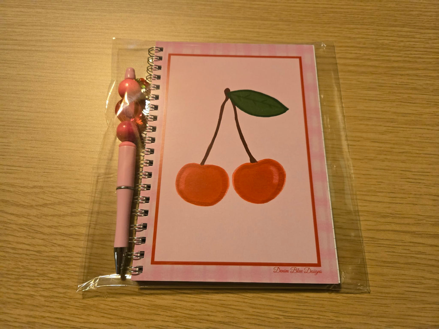 Hand Drawn Cherries Spiral-Bound Notebook and Coordinating Pen (Exact Beads will Vary)