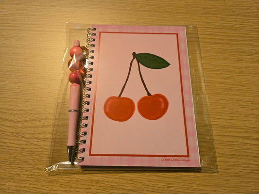 Hand Drawn Cherries Spiral-Bound Notebook and Coordinating Pen (Exact Beads will Vary)