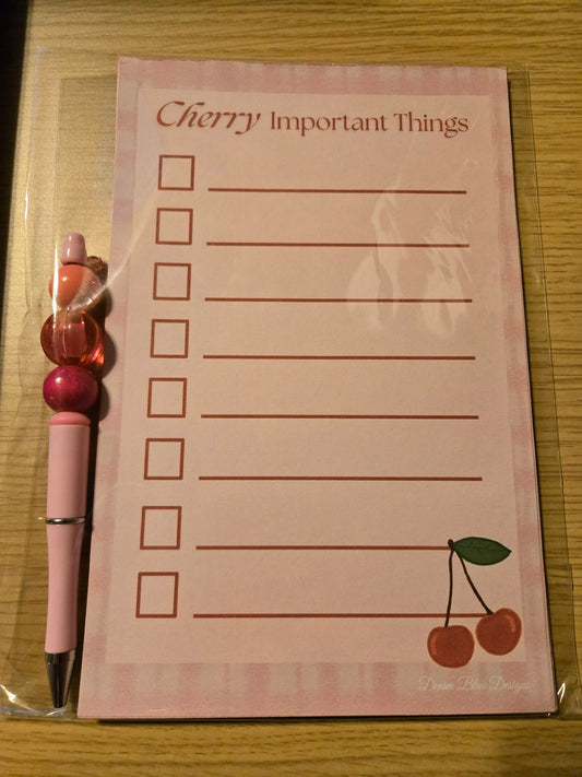 Hand Drawn "Cherry Important Things" Checklist Notepad and Coordinating Pen