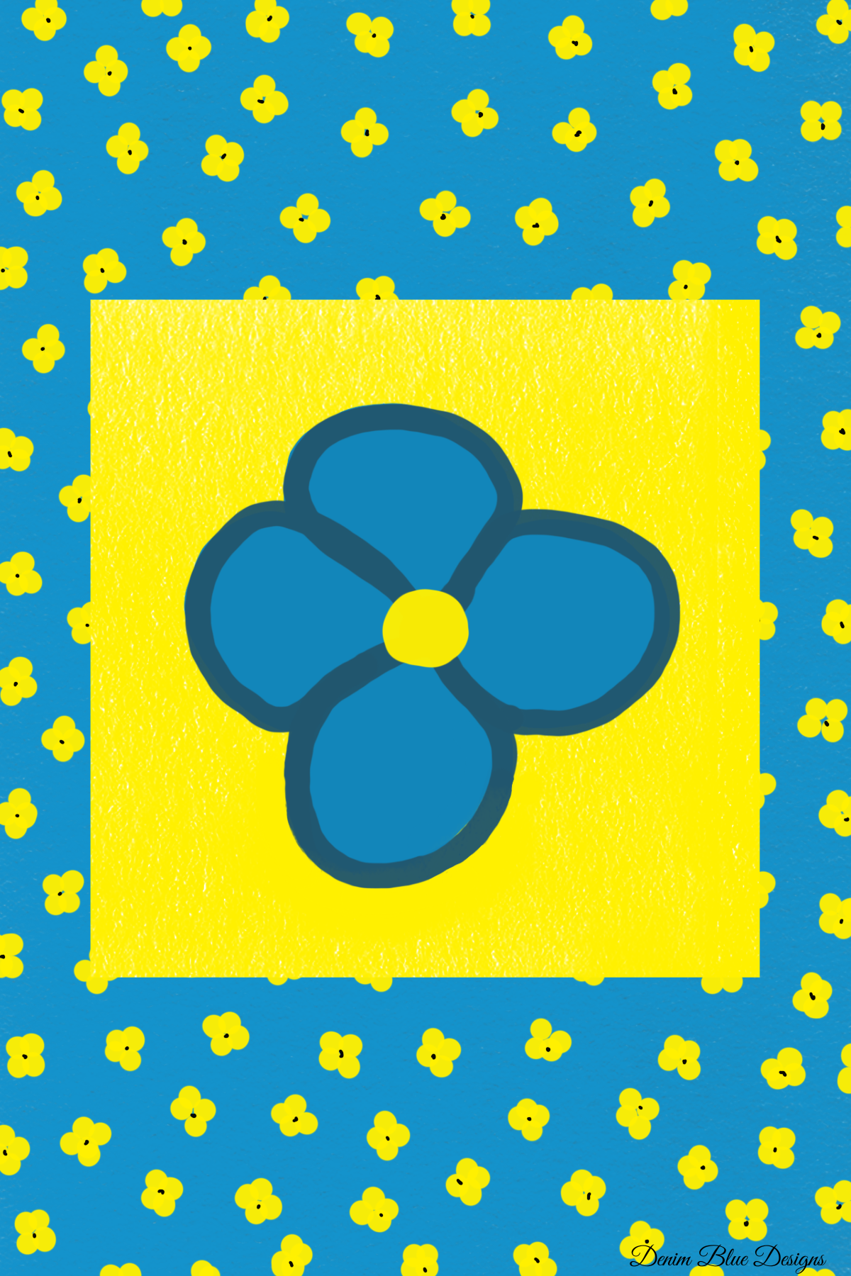 Hand Drawn Blue and Yellow Flower Card with Coordinating Sticker