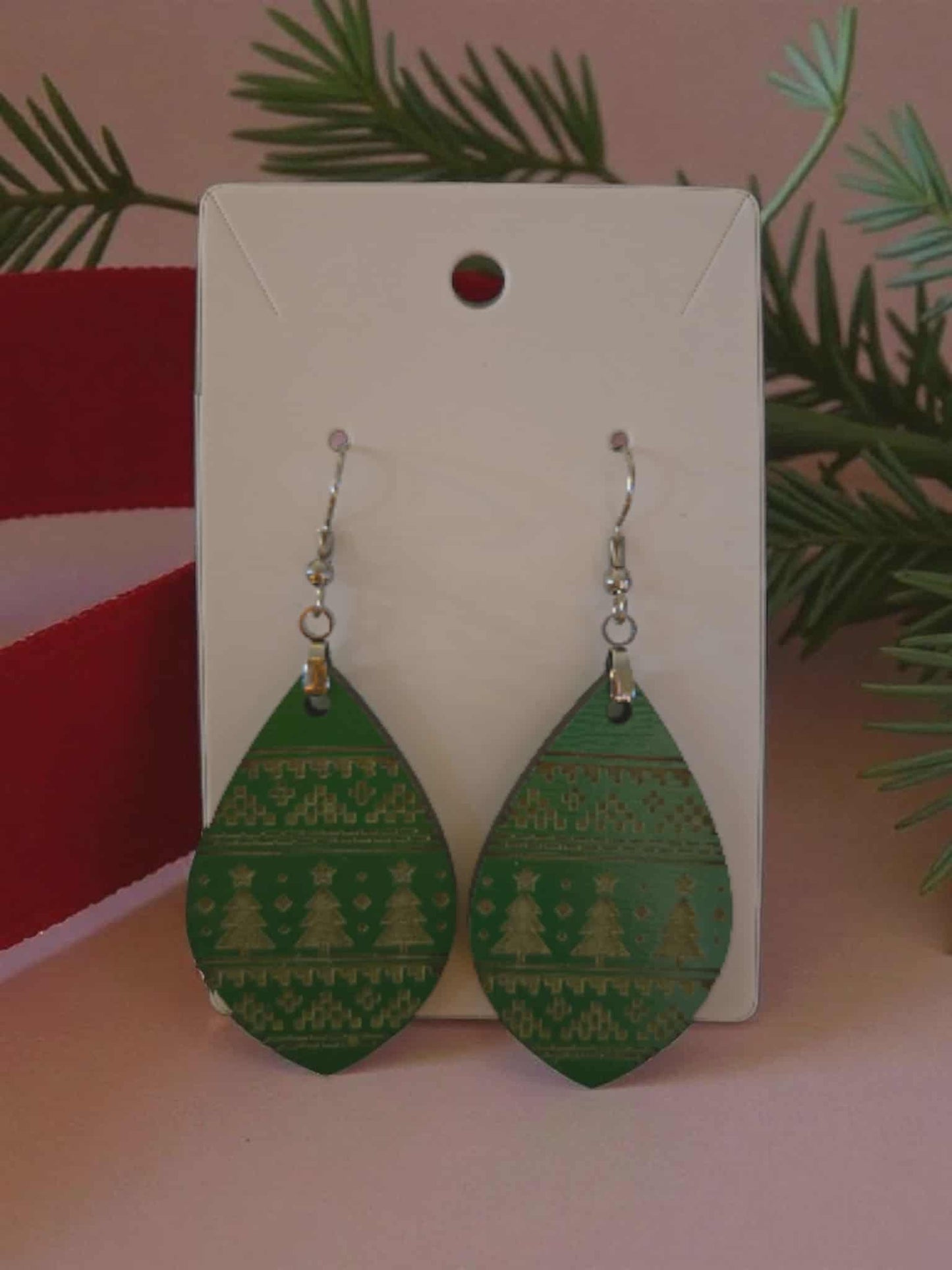 Cozy Green Sweater Wooden Dangle Earrings